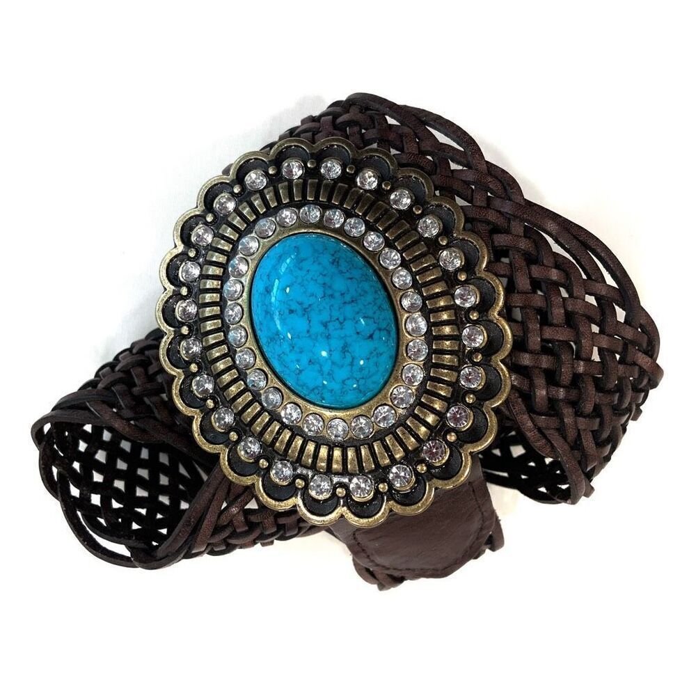 BOSTON PROPER Woven Leather Belt with Turquoise Buckle (Sz L)